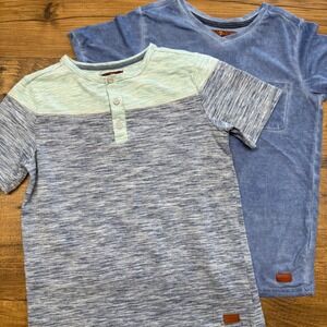 (2) Boys 7 For All Mankind Tees Small Blue V Neck Heathered Color Block Henley